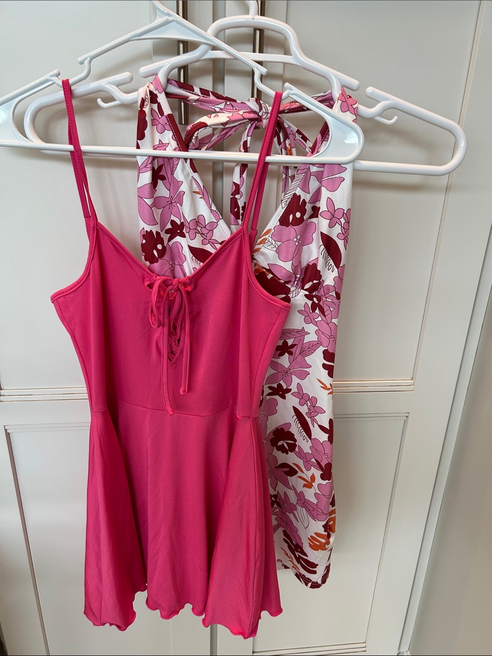SHEIN Hot Pink Spaghetti romper and halter dress.